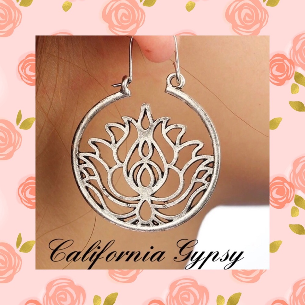 Lotus Boho hippie silver hoop earrings🎋 - Picture 2 of 7